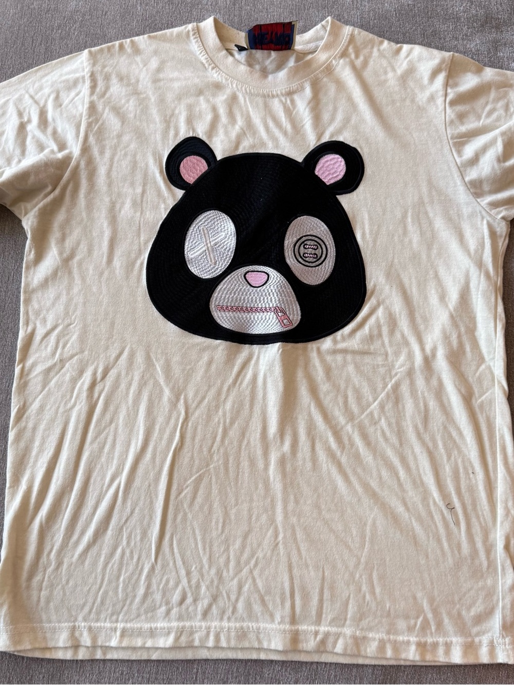 Retro Label Bear Patch Men’s Graphic Tee in Cream with Black & Pink Accent (XL)